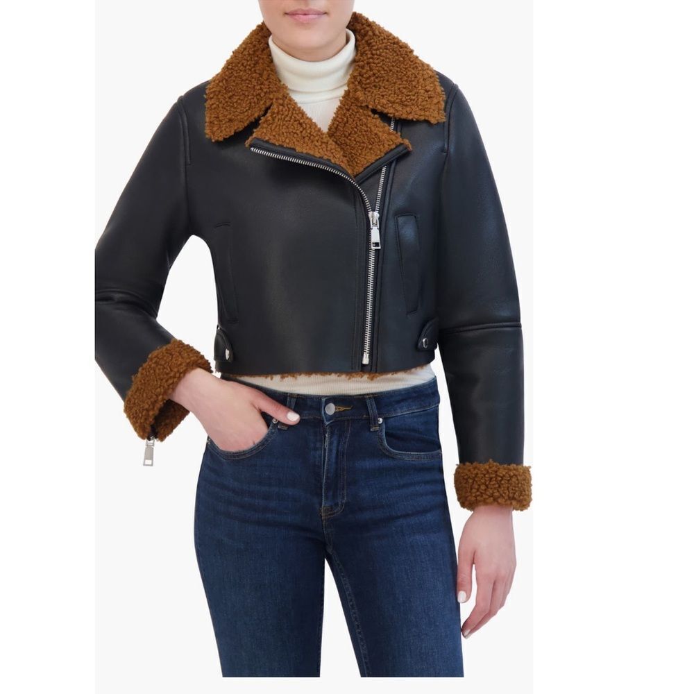 Rebecca Minkoff Faux Shearling Vegan Leather Moto Jacket, Black/Brown, Large NWT